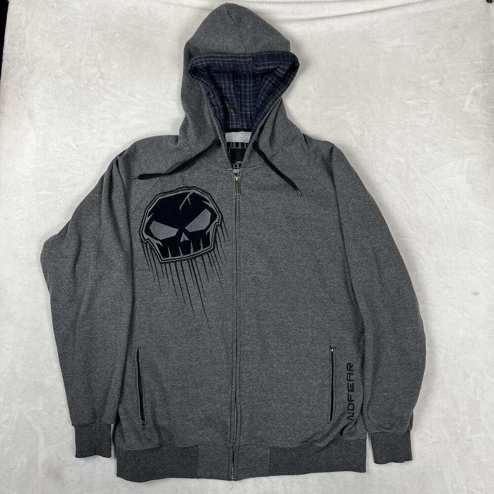 Vintage No Fear Hoodie Mens XL Gray Full Zip Skull Plaid Hood Sweatshirt Y2K